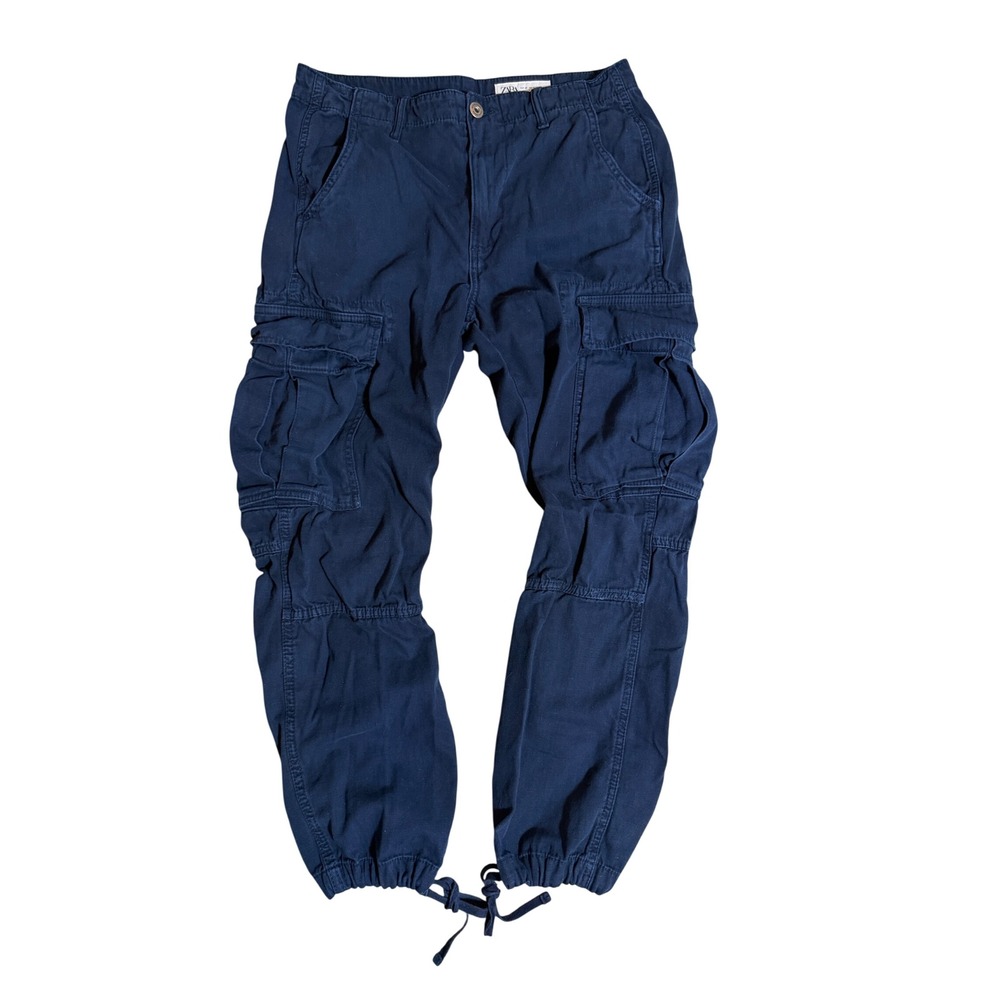 Zara Boyfriend Cargo Pants Joggers Utility  Drawstring Hem Navy Blue Women US 4